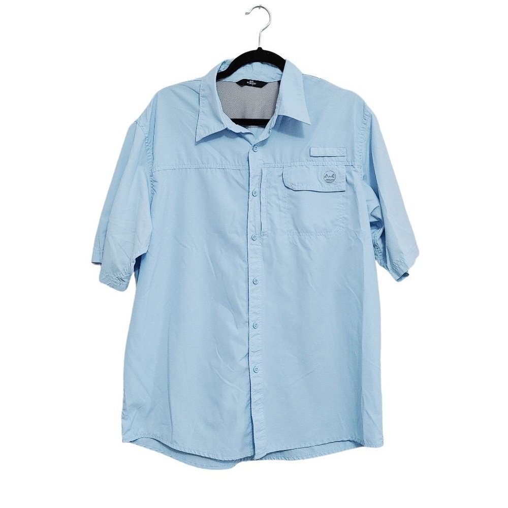 Wrangler Button Up Fishing Shirt  Size Large Blue Polyester Blend Short Sleeve